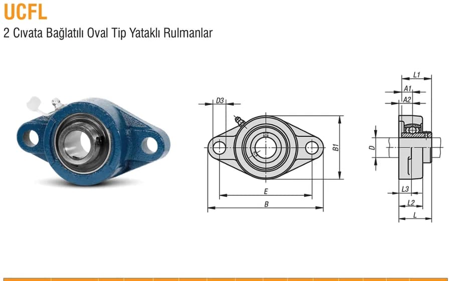 UCFL · 2 Cıvata Bağlatılı Oval Tip Yataklı Rulmanlar teknik resmi